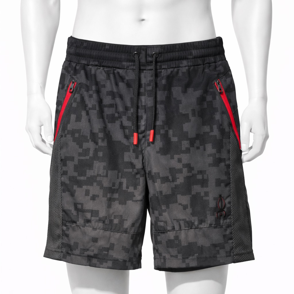 Spyder Men's Black Digital Camo Athletic Shorts With Red Zip Accents